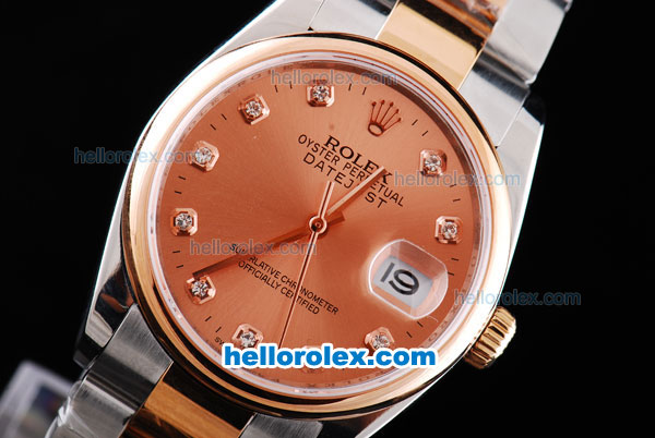 Rolex Datejust Oyster Perpetual Chronometer Automatic with Rose Gold Dial and Rose Gold Bezel --Diamond Marking-Small Calendar-two tone strap - Click Image to Close